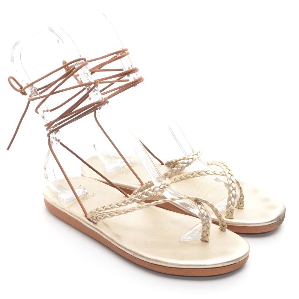 Ancient Greek Gold Braided Leather Ankle Tie Sandal 38